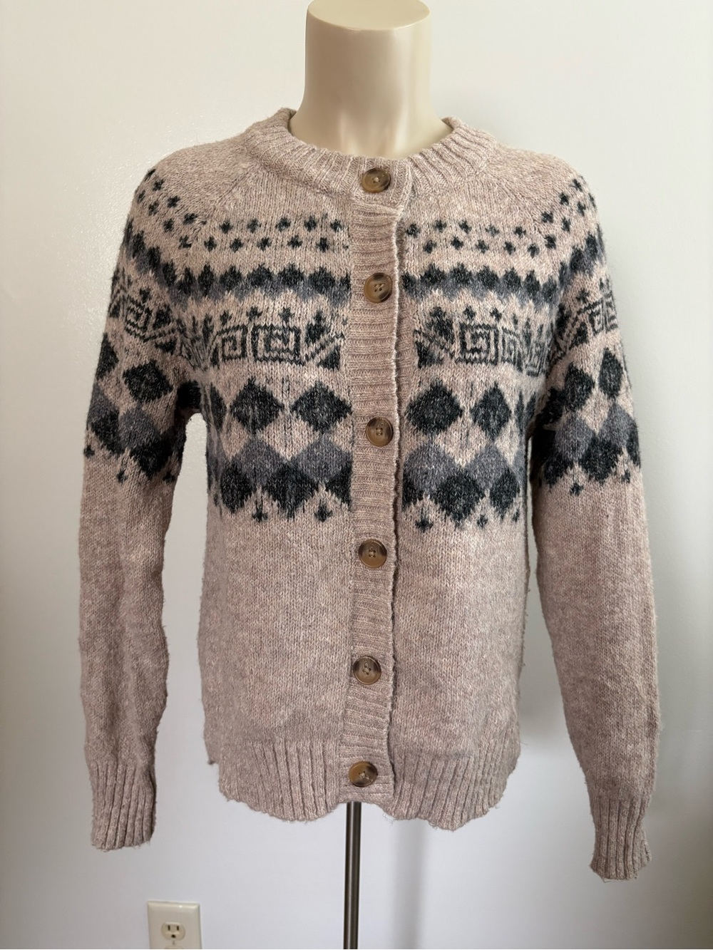 NWT Lucky Brand Fair Isle Button Up Cardigan Sweater Oatmeal Gray Size S/P